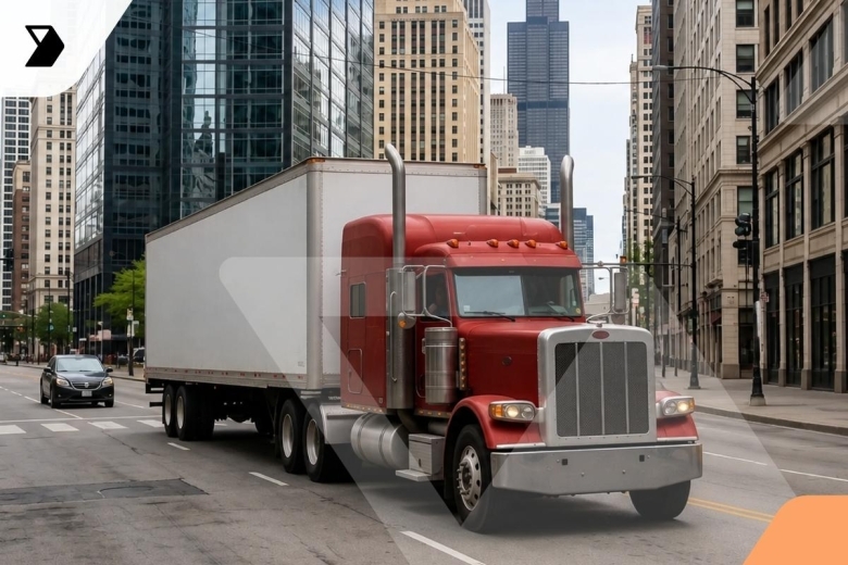 A red semi-truck with a white trailer drives through a city street lined with glass skyscrapers, while a car follows behind—reminding us how vital a Truck Driver Safety Checklist is in busy urban environments.